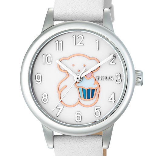 Steel New Muffin Watch with white Leather strap