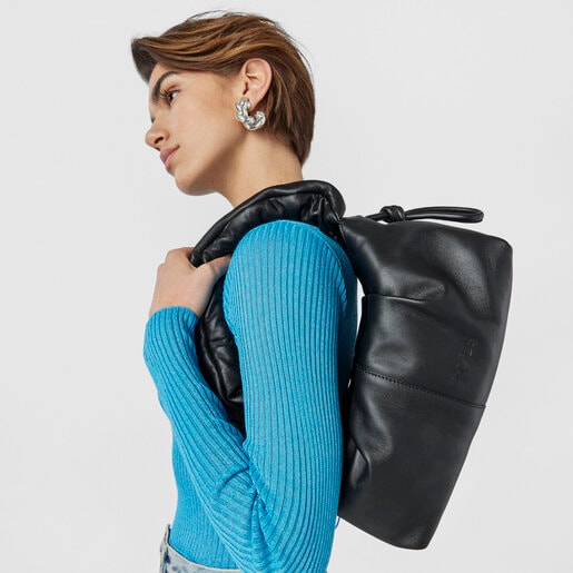 ブラックのレザー製ミディアムワンショルダーバッグ TOUS Soft