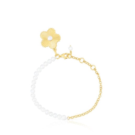 Silver vermeil flower Bracelet with cultured pearls Iris Motif