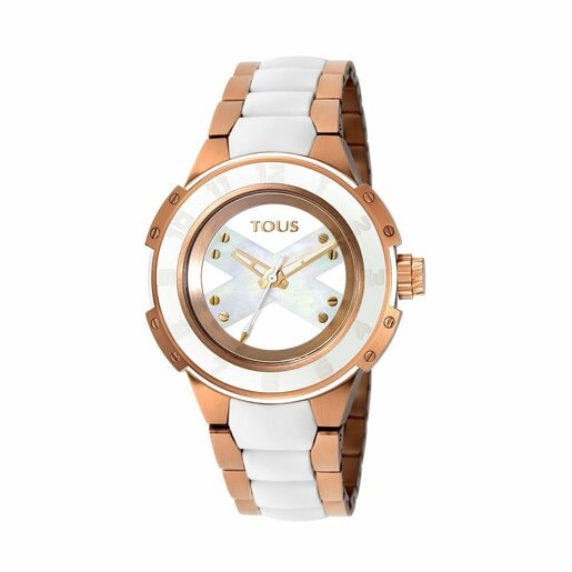 Two-tone pink/white IP Steel Xtous Lady Watch with white Silicone strap