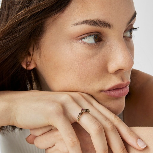 Gold TOUS Cool Joy Ring with smoky quartz and rhodolite