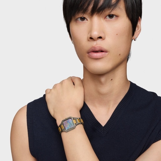 Reloj analógico con brazalete de acero negro, dorado y esfera de nácar gris Karat