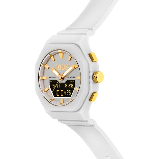 Reloj analógico/digital de acero IPG dorado con brazalete de nylon blanco Bet