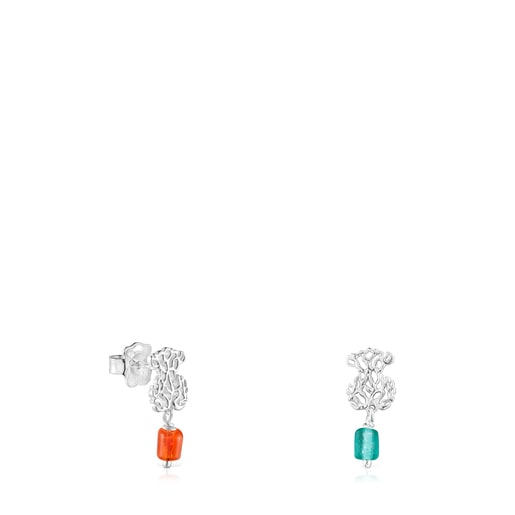 Silver Oceaan bear Earrings with orange and blue glass