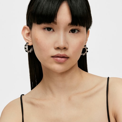 silver Color Pills Hoop earrings with onyx