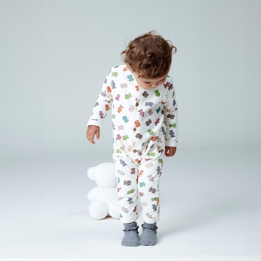 Baby playsuit with multicoloured bears in ecru