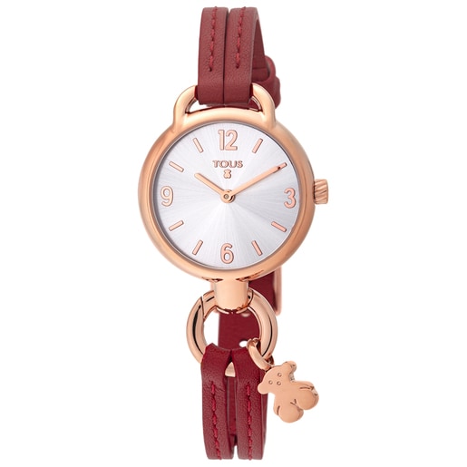 Montre Hold en acier IP rosé avec bracelet en cuir rouge