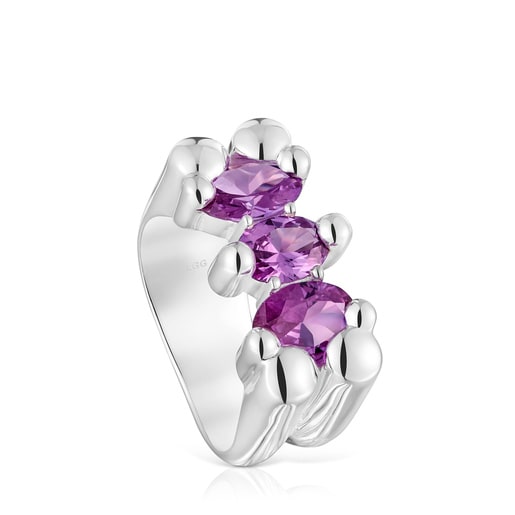 Medium silver Bear motif Ring with laboratory-grown lilac sapphire Color LGG