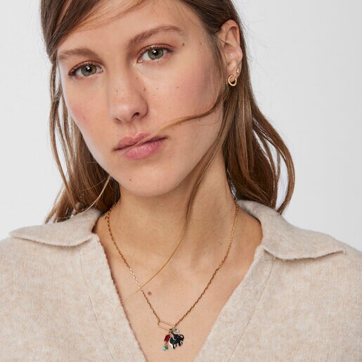 Silver Vermeil and Dark Silver Good Vibes elephant Necklace with Gemstones