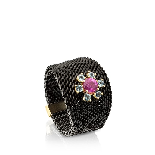 Gold and Steel Mini Teatime Ring with Ruby and Topaz | TOUS