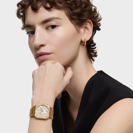 Analog watch with gold-colored embossed steel bracelet Lit