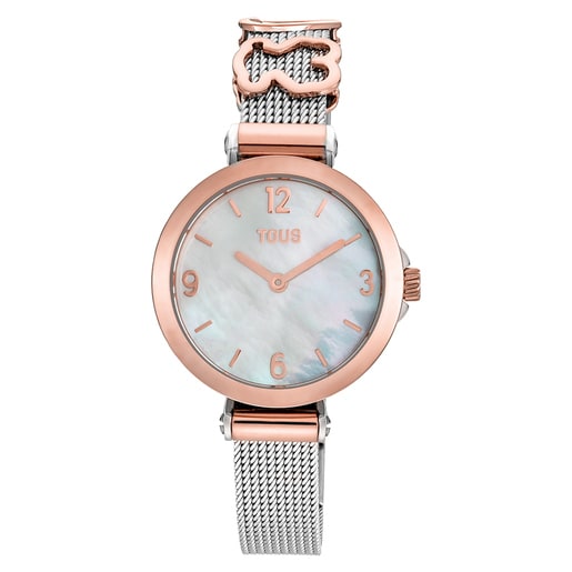 Reloj analógico/digital con brazalete de acero, acero rosado y esfera de nácar Icon Charms