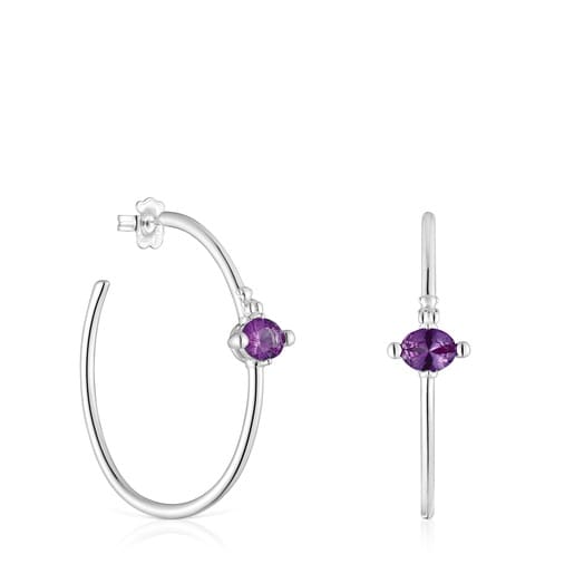 Boucles d’oreilles anneaux en argent et saphir lilas créé en laboratoire TOUS Color Lab