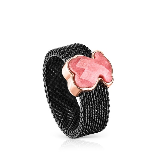 Black IP Steel Ring with Rhodonite Bear motif TOUS Mesh Color | TOUS