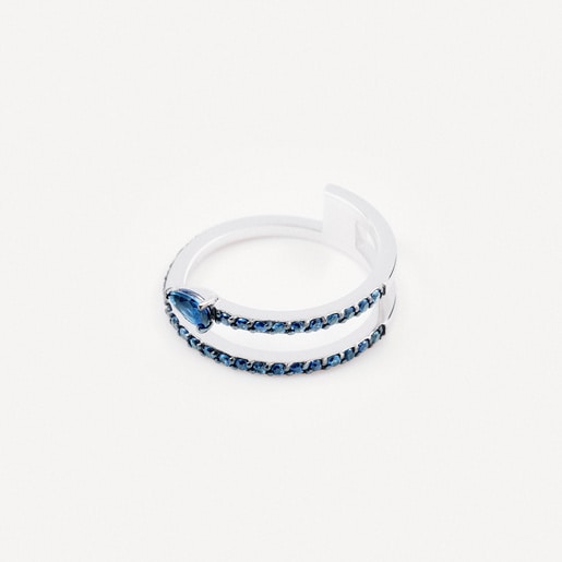 Anell doble dor blanc amb safir blau talla pera TOUS ATELIER