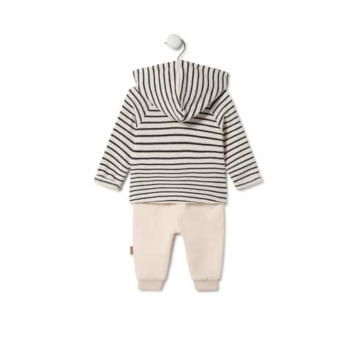 Boys outfit made from plain and striped fabrics in Black ecru