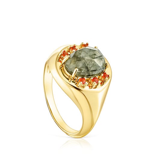 Chevalière Virtual Garden en argent vermeil, labradorite et cornaline