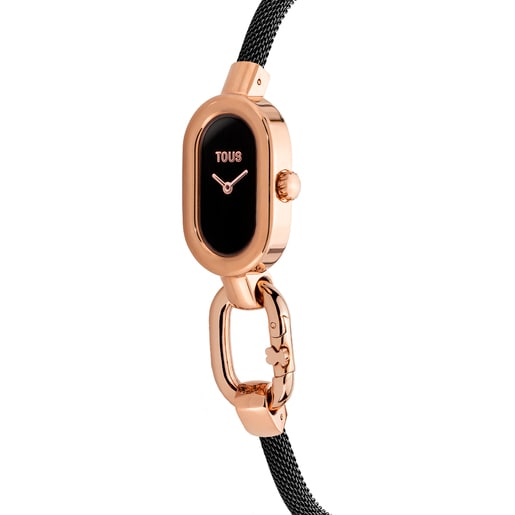 Relógio analógico com bracelete em aço IP preto e caixa em aço IPRG rosado TOUS Hold Oval