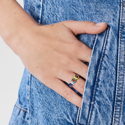 Silver TOUS Vibrant Colors Ring with bear charm in gemstones and enamel