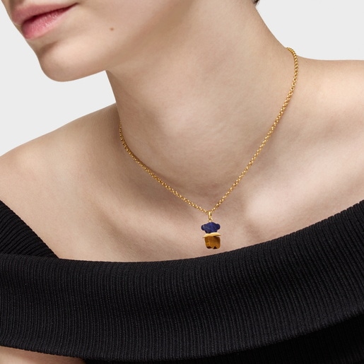 Pendant with 18kt gold plating over silver, sodalite and tiger’s eye Sweet Dolls
