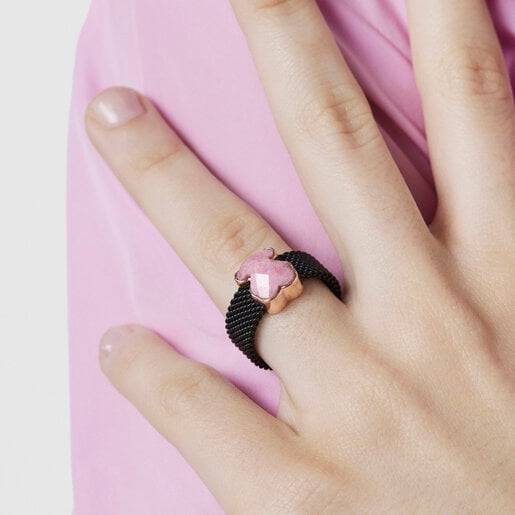 TOUS Black IP Steel Mesh Color Ring with Rhodonite Bear motif | Plaza Las  Americas