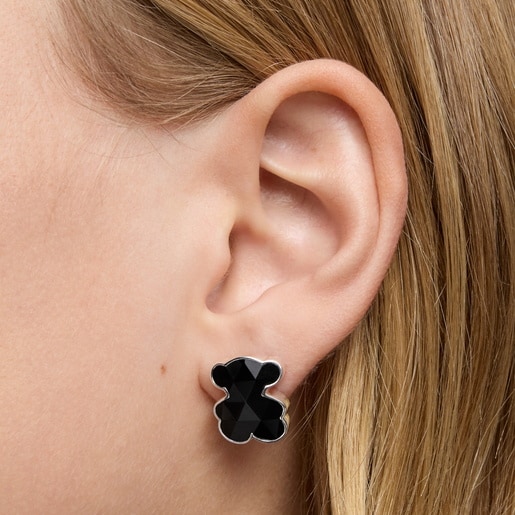 Aretes oso de plata y ónix 16 mm Icon Color