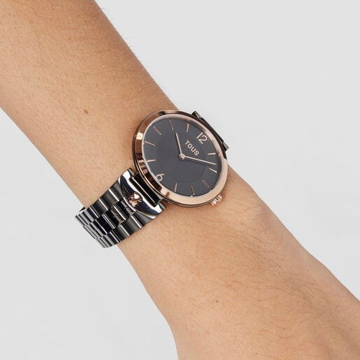 Reloj analógico con brazalete de acero IP gris y acero IPRG rosado S-Band