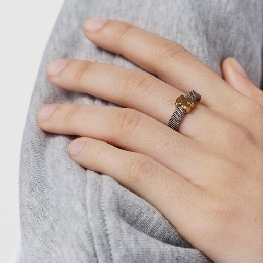 Gold and Steel Icon Mesh Ring | TOUS
