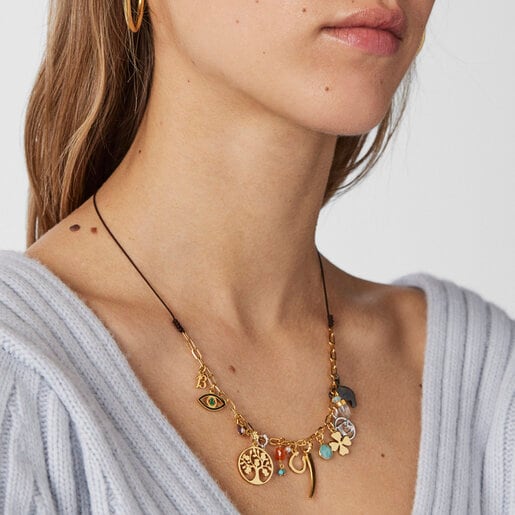 Silver Vermeil TOUS Good Vibes Necklace with Gemstones and brown Cord