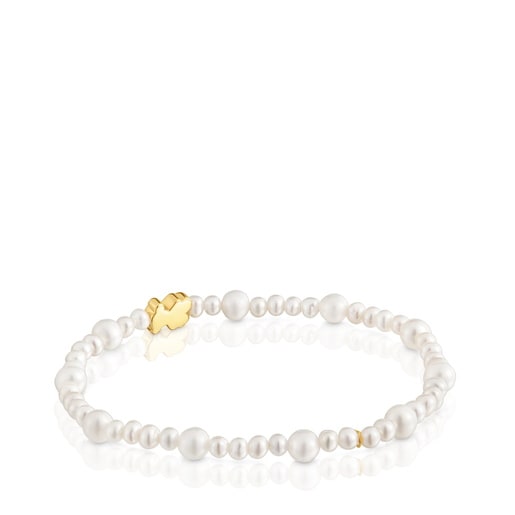 Pulsera elástica de perlas cultivadas y motivo oso de oro Sweet Dolls