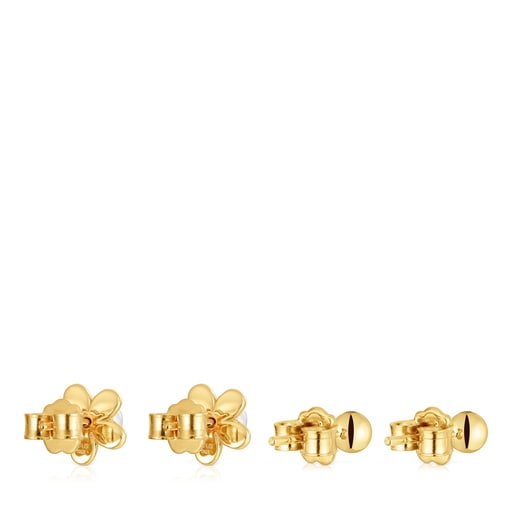 Pack de aretes con baño de oro 18 kt sobre plata motivo flor y perlas cultivadas Virtual Garden