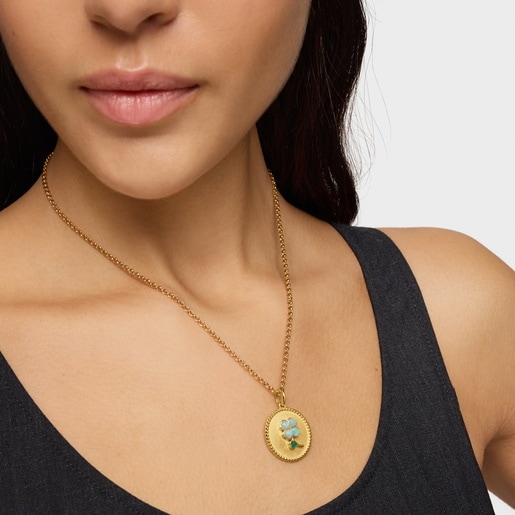 Medallion pendant with 18kt gold plating over silver and gemstones Daisy