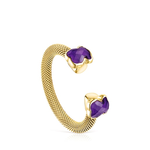 Gold-colored IP Steel Mesh Color open Ring with Amethyst