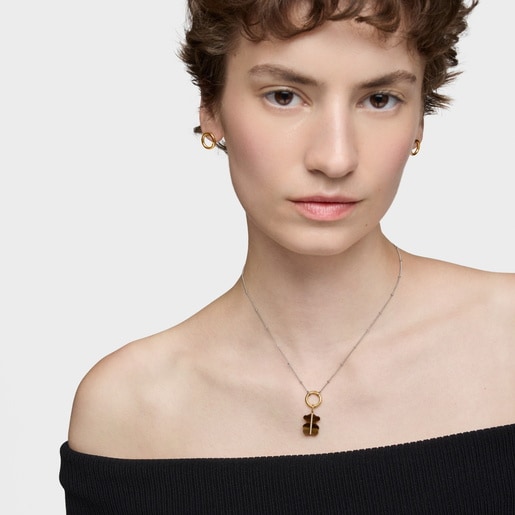 ダイヤモンド、タイガーズ・アイ、14ktゴールドのベアペンダントトップ Sweet Dolls