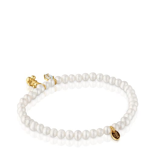 Elastic Bracelet with gold plating over silver, cultured pearl and topaz Bold Bear