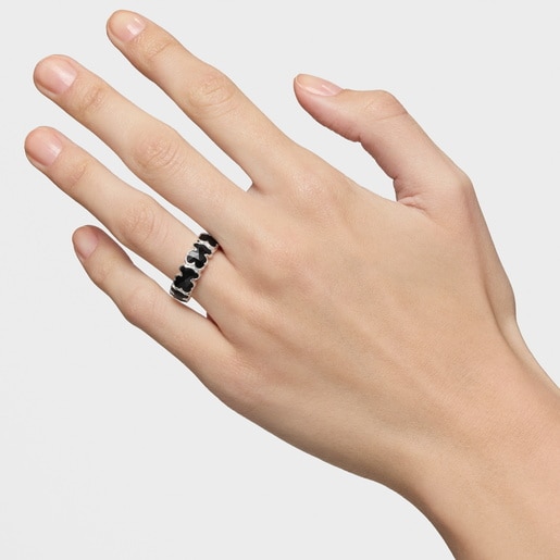 Medium silver Ring with bears onyx TOUS Icon Color