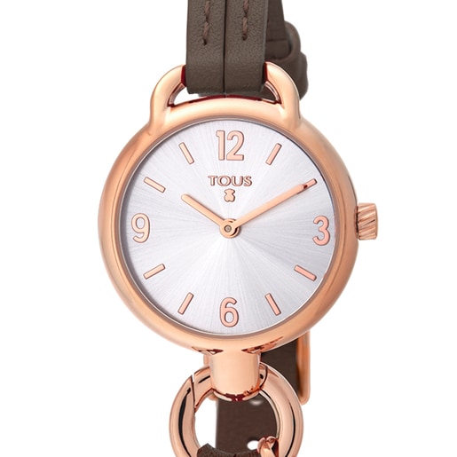 Rose IP Steel Hold Watch with brown Leather strap