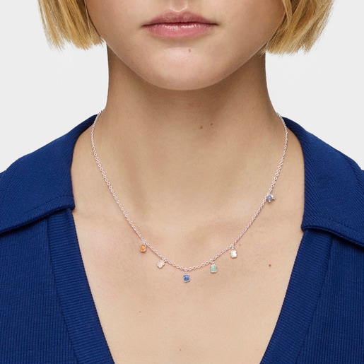 Mini Color Necklace in Silver with Gemstones and Pearl