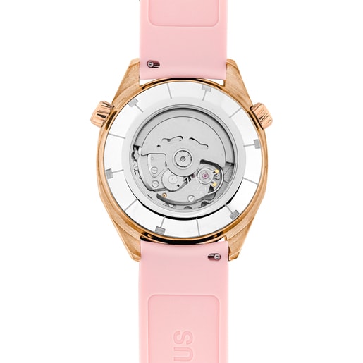 gmt automaticky hodinky se silikonovým řemínkem v růžové barvě, pouzdrem z oceli IPRG v růžové barvě a perleťovým ciferníkem TOUS Now
