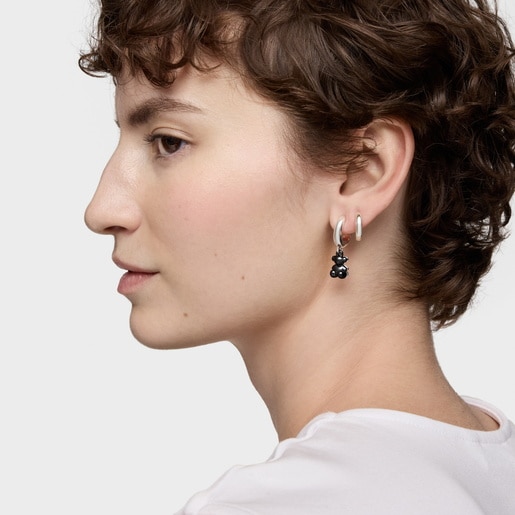 Aretes aro de plata con cerámica negra y doble oso Bold Bear