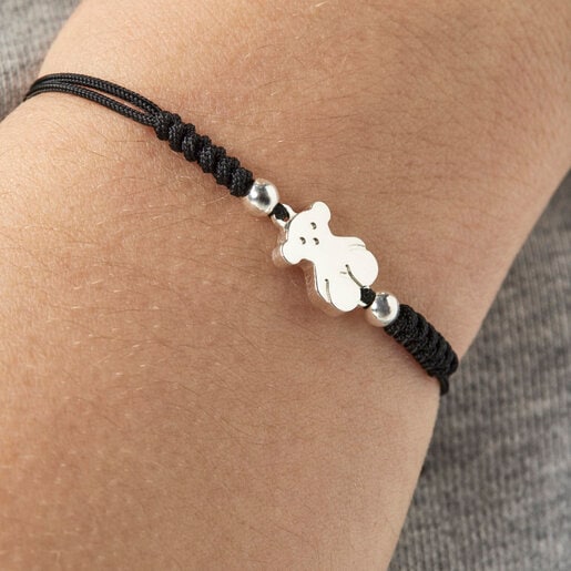 Armband Sweet Dolls mit Bär aus Silber und schwarzer Kordel