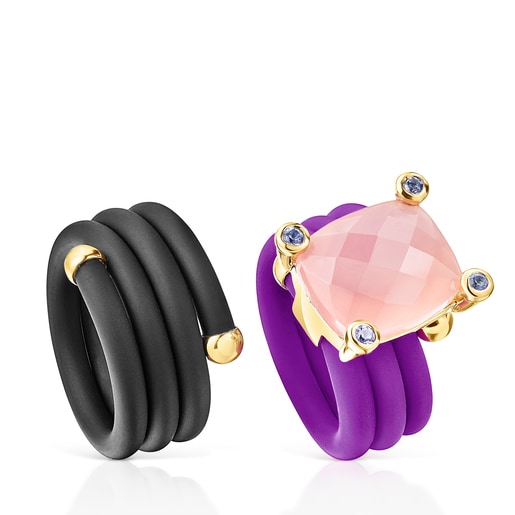 Pack Bague triple TOUS St. Tropez Caucho avec des pierres précieuses de couleur rose