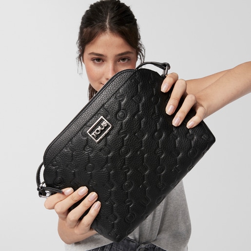 Black Leather T Script Crossbody bag