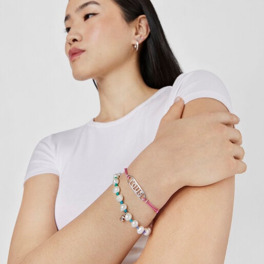 Pink nylon Bracelet with silver Logo | TOUS
