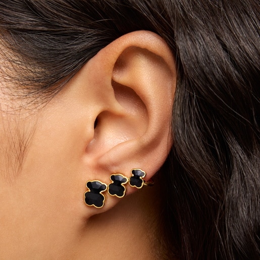 18kt gold plating over silver Climber earrings with onyx bear motifs TOUS Icon Color