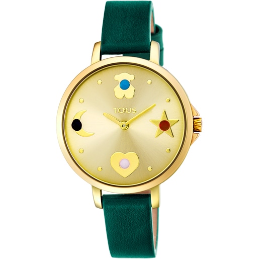 Montre Super Power en acier IP doré avec bracelet en cuir vert