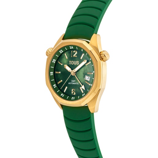 Zegarek gmt automatyczny z zielonym silikonowym paskiem, kopertą ze złotej stali IPG i tarczą z masy perłowej TOUS Now
