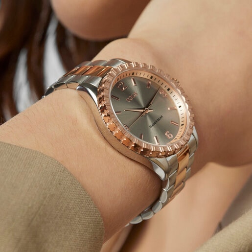 Two-tone rose gold-colored IP steel Tender Bear Watch with embossed bears