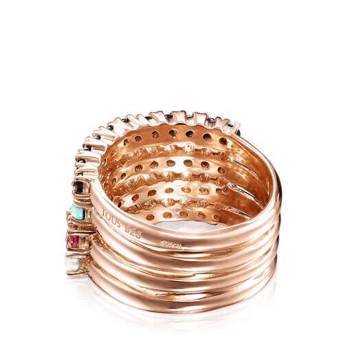 Anell amb bany d'or rosa 18 kt sobre plata i gemmes multicolors Straight