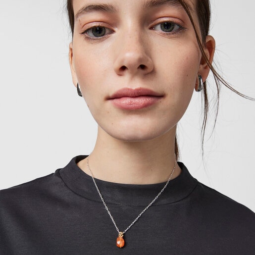 Silver Teddy Bear Gems Necklace with carnelian | TOUS